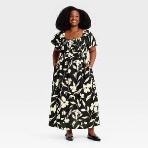 Ava & Viv Black and Cream Floral Midi Dress